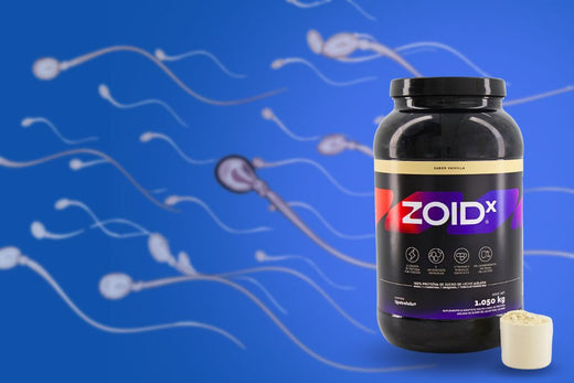 Zoidx: El multivitamínico masculino que optimiza la fertilidad y la calidad del esperma imagen de espermatozoides y botella de ZoidX Bionatis